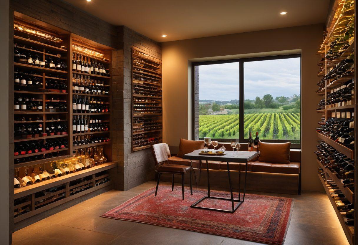 A cozy wine cellar filled with an assortment of wine bottles, featuring a sleek automatic subscription box that showcases new selections. Soft ambient lighting highlights a comfortable seating area with a glass of wine in hand, and a happy couple enjoying their experience. Grapevines can be seen through a window, adding a touch of nature. Emphasize a warm, inviting atmosphere. super-realistic. vibrant colors.