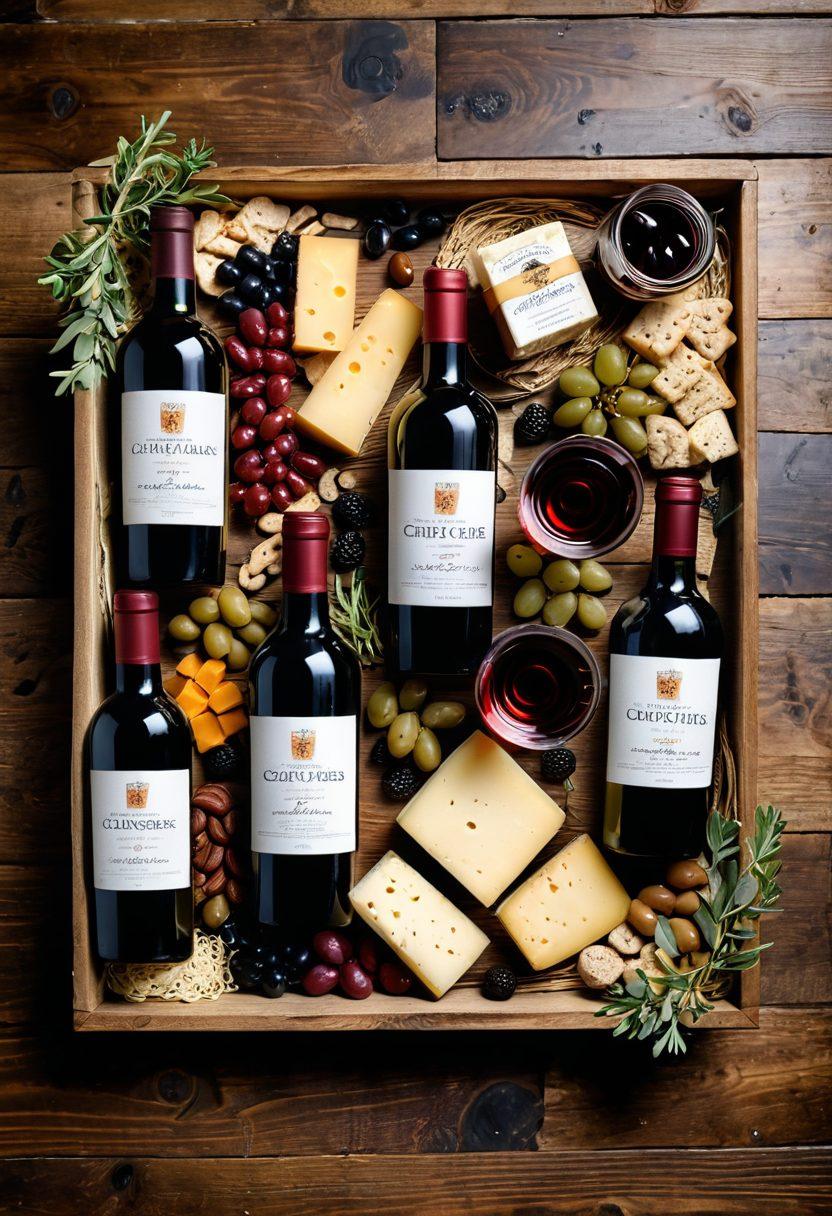 A beautifully arranged selection of elegant wine bottles and glasses, surrounded by gourmet snacks like cheese and olives, all set on a rustic wooden table. Include a delivery box partially open, showcasing a joyful surprise inside, with greenery and soft lighting enhancing the mood of indulgence. Use warm colors to evoke a sense of comfort and happiness. super-realistic. vibrant colors. natural setting.