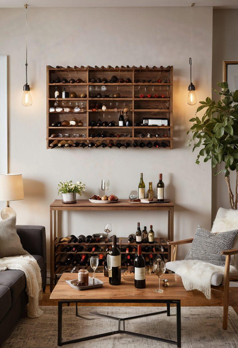 A serene, well-lit living room with a stylish wine rack filled with a variety of bottles. A couple is joyfully toasting with glasses of red and white wine, surrounded by cozy decor and soft, warm lighting. A subscription box lies open on a coffee table, featuring wine-themed accessories and tasting notes. An inviting atmosphere that exudes happiness and relaxation. super-realistic. warm colors. vibrant details.